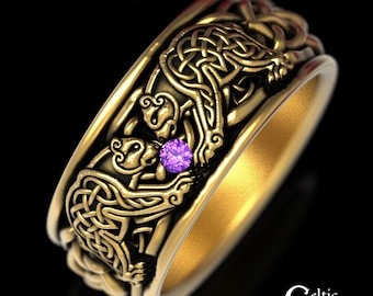 Twin Bear Wedding Ring, Gold Amethyst Bear Ring, Celtic Bear Ring, Bear Wedding Ring, Gold Amethyst Ring, White Gold Men Wedding Band, 1691
