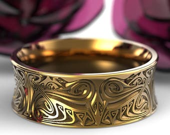 Gold Engraved Norse Wedding Ring With Dramatic Design in 10K 14K 18K or Platinum, Made in Your Size 1783