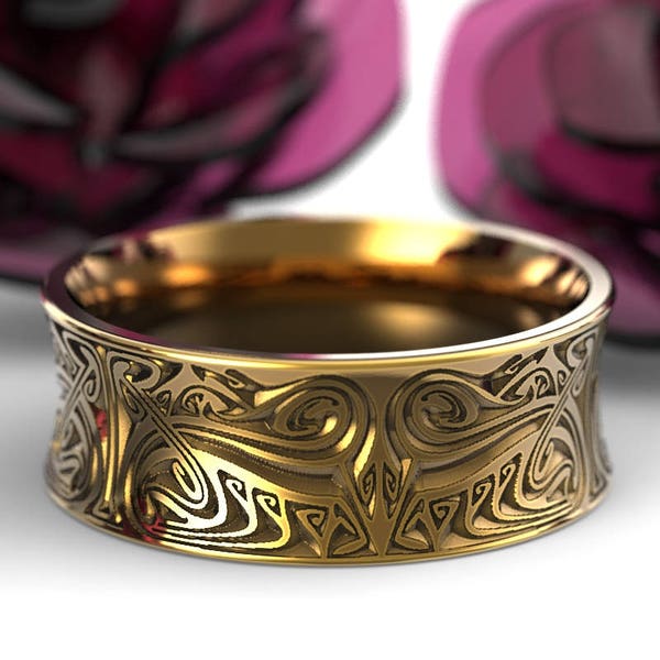 Gold Engraved Norse Wedding Ring With Dramatic Design in 10K 14K 18K or Platinum, Made in Your Size 1783