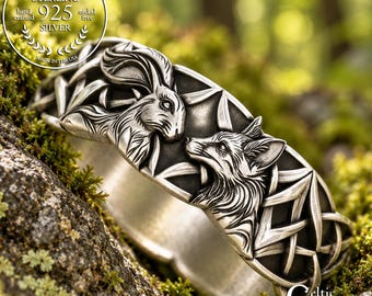 Woman's Sterling Fox & Rabbit Wedding Band, Silver Celtic Hare Ring, Irish Fox Jewelry, 2178