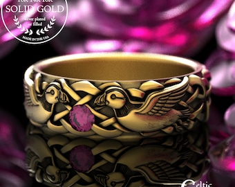Woman's Ruby Puffin Ring in Solid Gold, 14K White Gold Celtic Bird Wedding Band, Platinum Irish Sea Bird Ring, Platinum Penguin Ring, 2119