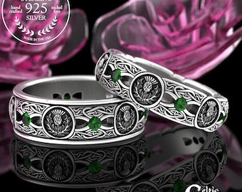 Scottish Emerald Wedding Ring Set, Matching Sterling Thistle Wedding Bands, Irish Thistle Wedding Rings, Emerald Celtic Rings, 4408 4409