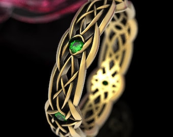 Gold Celtic Knot Wedding Band with Emerald, Dris-Muine Infinity Knot Ring, 10K 14K 18K Gold Platinum Unique Wedding Ring, Eternity Ring 1416