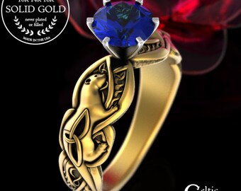 Gold River Otter Solitaire Engagement Ring, Sapphire Otterkin Ring, Celtic Water Weasel Proposal Ring, 10K 14K 18K Welsh Engagement, 3060