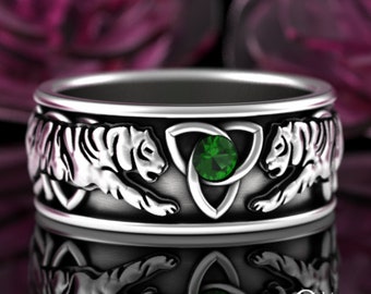 Sterling Tiger Ring, Mens Tiger Wedding Ring, Emerald Tiger Jewelry, Silver Safari Jewelry, Tiger Spirit Animal, King of the Jungle, 3119