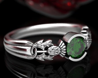 Thistle Engagement Ring, Sterling Silver & Emerald, Scottish Solitare, Floral Wedding, Handcrafted Rings, Alternative Engagement Ring 1774