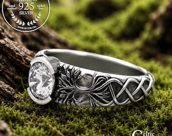 Sterling Yggdrasil Engagement Ring, Moissanite Tree of Life Bridal Ring, Amethyst Celtic Tree Wedding Ring, Ruby Womens Forest Wedding, 2034