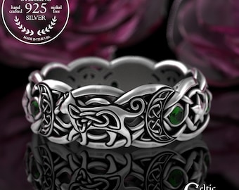 Sterling Emerald Cat Magic Ring, Silver Kitten & Moons Ring, Witchy Ring, Scottish Kitty Cat Wedding Band, Sapphire Star Moon Ring, 3259