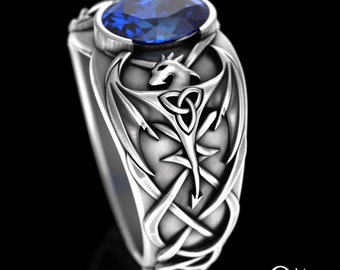 Dragon Sapphire Ring, Sterling Men Dragon Statement Ring, Mens Engagement Ring, Dragon Signet Class Ring, Scottish Dragon Wedding Ring, 3116