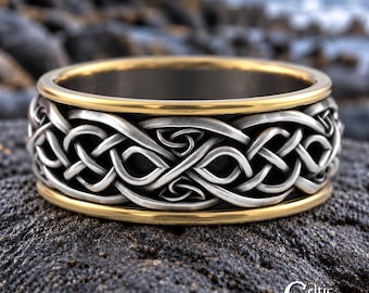 Sterling & 10K Gold Mens Woven Knotwork Wedding Band, 2tone Irish Wedding Band, Silver Gold Celtic Knotwork Ring, Wide Trinity Ring, 4035