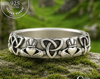 Sterling Claddagh Ring for Women, Silver Irish Heart Hands Wedding Ring, Classic Scottish Trinity Wedding Band, Celtic Traditional, 3161