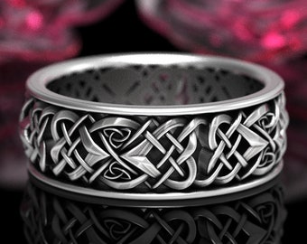 Platinum Mens Celtic Wedding Band, White Gold Scottish Mens Ring, Platinum Irish Wedding Ring, 10K 14K Gold Mens Eternity Wedding Ring, 1362
