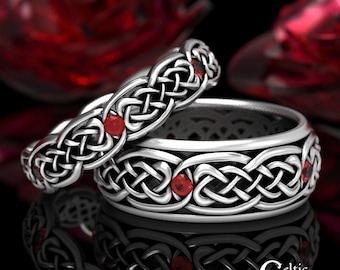 Matching Ruby Rings, His Hers Wedding Ring Set, Sterling Silver Matching Ring Set, Wedding Band Matching, Celtic Ring Set, 1584 1582