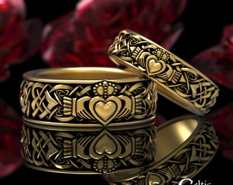 Gold Claddagh Matching Ring Set, 14K Irish Heart Ring Set, Gold Claddagh Wedding Rings, 10K Matching Celtic Heart Wedding Bands, 1890 1891