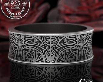 Sterling Hellhound Ring, Cu Sith Wedding Ring, Celtic Wild Hunt Jewelry, Silver Men Norse Pagan Band, Viking Wyrd Ring, Dog Snake Wings,1782