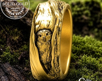 Gold Owl Ring, Owl Wedding Band, Barn Owl Ring, Gold Wedding Ring for Her, Platinum Wedding Band, Owl Lovers Ring, Nature Wedding Ring, 1792