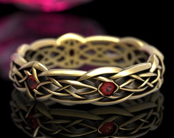 Gold Celtic Knot Wedding Band with Ruby, Dris-Muine Infinity Knot Ring, 10K 14K 18K Gold Platinum Unique Wedding Ring, Eternity Ring 1416