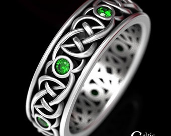 Sterling Silver Celtic Wedding Band, Silver & Emerald Wedding Ring, Mens Wedding Band, Men's Celtic Ring, Emerald Celtic Wedding Ring, 1508