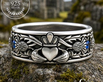 Sapphire Claddagh Ring for Irish Groom, Sterling Men's Thistle Wedding Band, Thistle Crest Scottish Heritage Ring, Crown Marriage Vow, 3282
