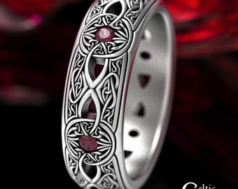 Mens Ruby Sterling Ring, Mens Celtic Wedding Band, Silver Ruby Irish Ring, Irish Sterling Wedding Band, Celtic Wedding Band for Men, 1806