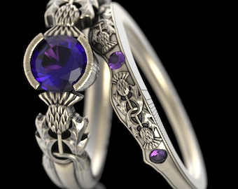 Amethyst Thistle Ring, Sterling Engagement Ring Set, Scottish Engagement Ring, Sterling Celtic Engagement Ring, Matching Ring Set, 1774/75