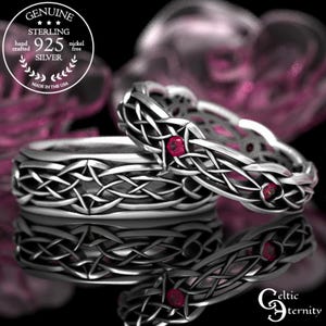 Conjunto de boda celta con rubí atemporal, alianzas irlandesas con infinito en plata de ley, anillos escoceses a juego, anillos de boda gaélicos para él y para ella, 1416 111