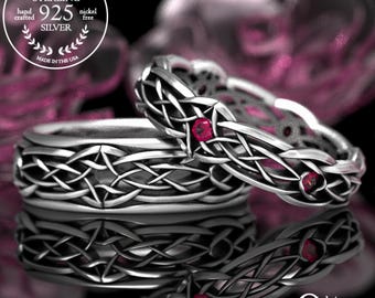 Timeless Ruby Celtic Wedding Set, Irish Infinity Wedding Bands, Matching Scottish Silver Handfasting Rings, Gaelic Bond Rings, 1416 111