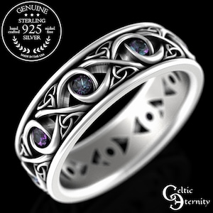 Anillo de alejandrita para hombre, anillo de bodas de alejandrita para hombre, anillo de alejandrita de plata esterlina para hombre, alianza celta de plata para hombre, anillo celta, 1410