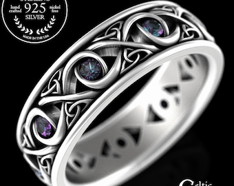 Mens Alexandrite Ring, Mens Alexandrite Wedding Ring, Mens Sterling Alexandrite Ring, Mens Silver Celtic Wedding Band, Celtic Ring, 1410