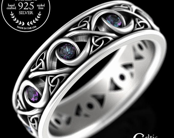 Featured listing image: Mens Alexandrite Ring, Mens Alexandrite Wedding Ring, Mens Sterling Alexandrite Ring, Mens Silver Celtic Wedding Band, Celtic Ring, 1410
