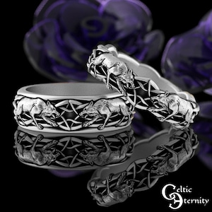 Matching Direwolf Ring Set, Sterling Silver Wolf Rings, Silver Celtic Wedding Bands, His Hers Wedding Rings, Wolf Wedding Rings, 1746 + 1747