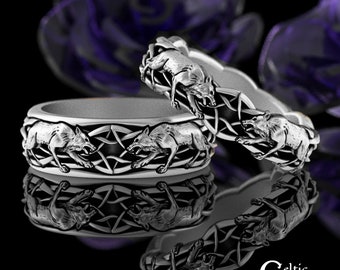 Matching Direwolf Ring Set, Sterling Silver Wolf Rings, Silver Celtic Wedding Bands, His Hers Wedding Rings, Wolf Wedding Rings, 1746 + 1747
