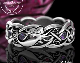 Alexandrite Mermaid Ring, Sterling Celtic Mermaid Wedding Band, Silver Womens Irish Mermaid Ring, Siren Ring, Ocean Wedding Ring, 3058