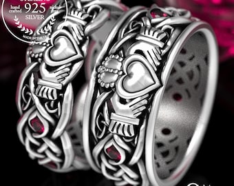 His Hers Sterling Claddagh Ring Set with Ruby, Modern Claddagh Wedding Rings, Matching Celtic Wedding Bands, Irish Love Rings, 1684 1688