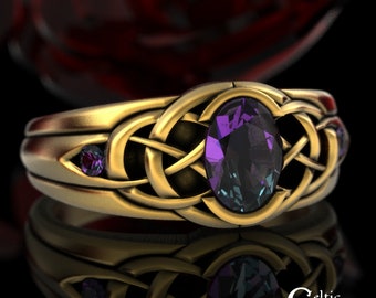 10K Alexandrite Ring, 14K Alexandrite Wedding Ring, Celtic Gold Alexandrite Ring, Alexandrite Statement Ring, Wide Gold Wedding Ring, 1653