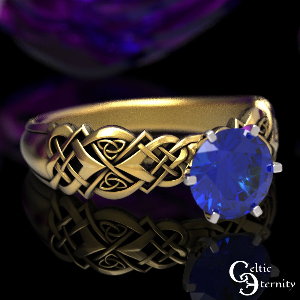 Gold Celtic Engagement Ring, Irish Gold Wedding Ring, Sapphire Celtic