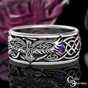 Mens Raven Wedding Band, Sterling Amethyst Raven Ring, Norse Wedding Ring, Viking Wedding Band, Viking Jewelry, Celtic Raven Jewelry, 9728