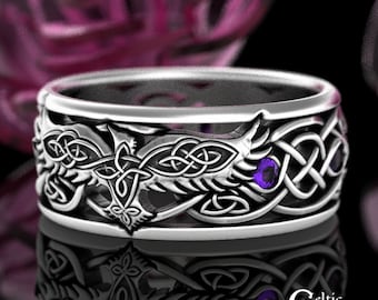 Mens Raven Wedding Band, Sterling Amethyst Raven Ring, Norse Wedding Ring, Viking Wedding Band, Viking Jewelry, Celtic Raven Jewelry, 9728