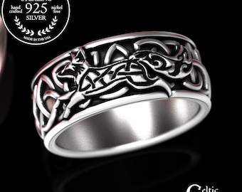 Sterling Silver Celtic Fox Ring, Fox Wedding Band, Silver Trinity Celtic Knot Ring, Fox Jewelry, Running Fox Ring, Womens Fox Ring, 1162
