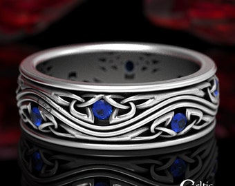Sterling Silver Celtic Wedding Band with Sapphires, Mens Wedding Ring, Sterling Silver Wedding Ring, Sapphire Celtic Wedding Band, 1463
