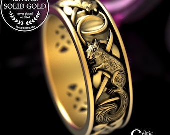 Solid Gold Squirrel Woman's Wedding Band, Platinum Celtic Squirrels Ring, 14K White Gold Tree Squirrel Ring, 2150
