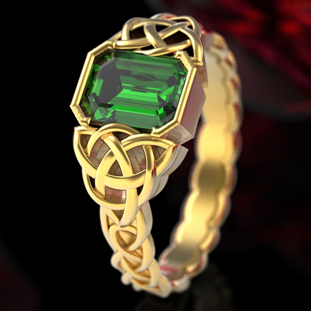 Emerald Gold Ring, Emerald Engagement Ring, Celtic Emerald Wedding Ring