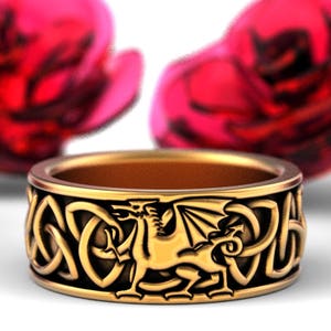 Welsh Dragon Ring, Gold Dragon Ring, Mens Wedding Band, Celtic Viking Dragon Ring, Mens Dragon Ring, Celtic Mens Ring, Gold Odin Ring, 1182