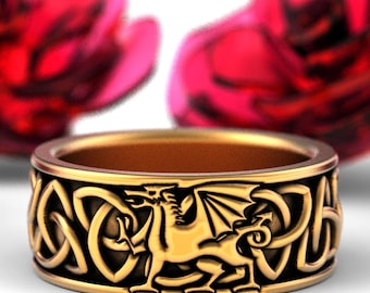 Welsh Dragon Ring, Gold Dragon Ring, Mens Wedding Band, Celtic Viking Dragon Ring, Mens Dragon Ring, Celtic Mens Ring, Gold Odin Ring, 1182