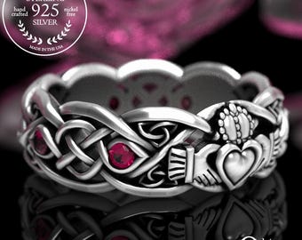 Sterling Irish Claddagh Ring with Ruby, Classic Women's Handfasting Ring, Silver Ruby Heart Crown Ring, Celtic Love Wedding Band, 1684