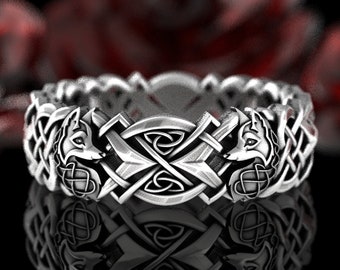 Fox Soulmate Ring, Sterling Silver Fox Ring, Celtic Fox Wedding Ring, Fox & Heart Knotwork Ring, Celtic Fox Ring, Celtic Knotwork Ring, 3020