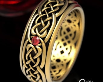Mens Gold Wedding Ring, Ruby & Gold Wedding Band, Gold Celtic Wedding Band, Gold or Platinum Mens Ring, Mens Celtic Wedding Band, 1584