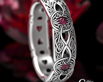 Celtic Ruby Wedding Band, Sterling Shield Ring, Silver Heart Knotwork Ring, Irish Knotwork Ring, Heart Knot Ring, Ruby Irish Ring, 1805