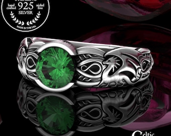 Emerald Guardian Dragons Ring for Woman, Sterling 1 Carat Amethyst Wyvern Engagement Ring, Silver Round Bezel Set Proposal Solitaire, 3315