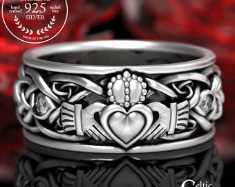 Mens Sterling Silver Moissanite Celtic Claddagh Ring, Modern Claddagh Wedding Ring, Trinity Knot Silver Heart Ring, Irish Love Ring 1688